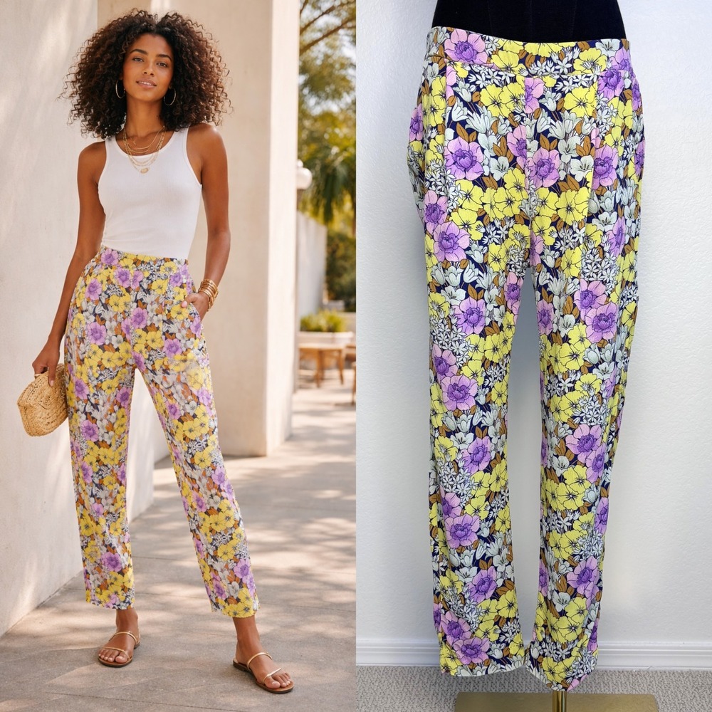 Leifnotes Anthropologie Floral Tapered Pants, Chiffon trouser Size 6,‎ yellow